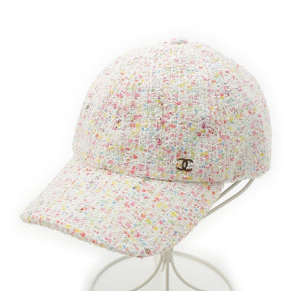 Chanel CC Logo Tweed Baseball Cap Hat White Multicolor