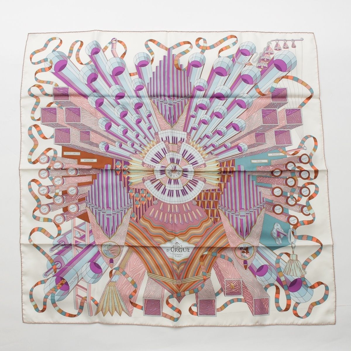 Hermes Carre 90 Silk Point D'orgue Fermata Scarf White