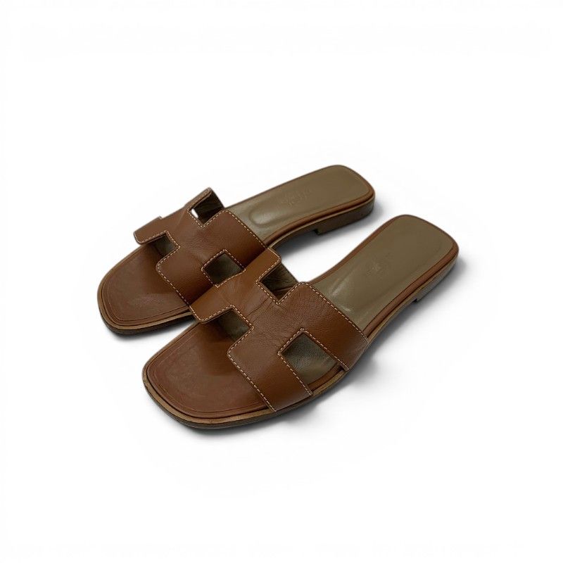 Hermes Oran Sandals Shoes Leather Brown Flat Mules
