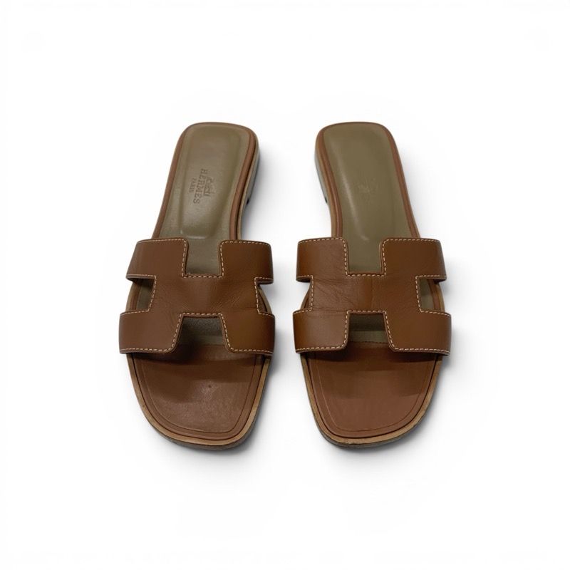 Hermes Oran Sandals Shoes Leather Brown Flat Mules — view 2