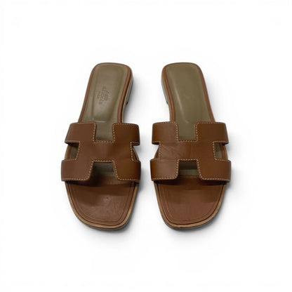 Hermes Oran Sandals Shoes Leather Brown Flat Mules — view 2