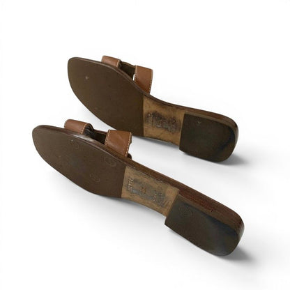 Hermes Oran Sandals Shoes Leather Brown Flat Mules — view 6