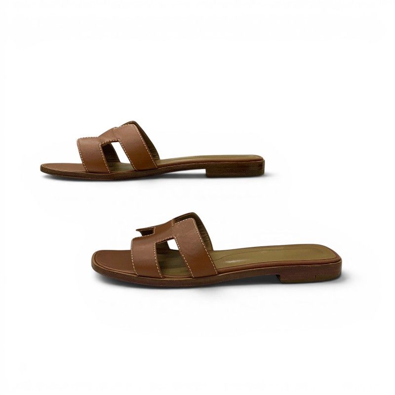 Hermes Oran Sandals Shoes Leather Brown Flat Mules — view 3