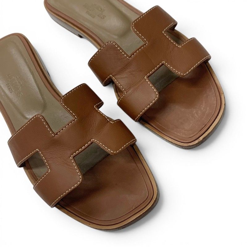 Hermes Oran Sandals Shoes Leather Brown Flat Mules — view 9