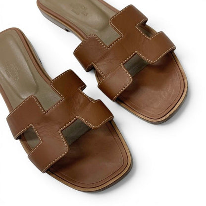 Hermes Oran Sandals Shoes Leather Brown Flat Mules — view 9