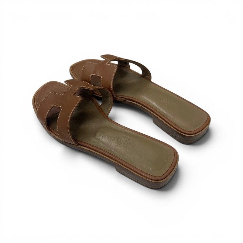 Hermes Oran Sandals Shoes Leather Brown Flat Mules — view 4
