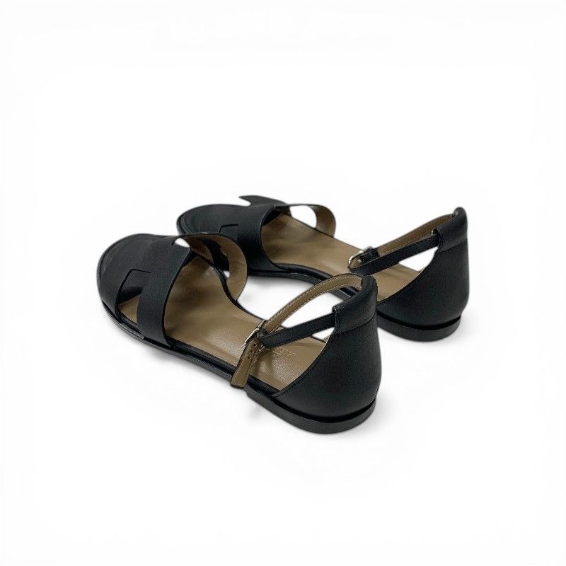 Hermes Santorini Sandals Shoes Leather Black Strap Flat — view 4