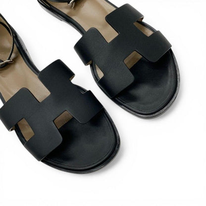 Hermes Santorini Sandals Shoes Leather Black Strap Flat — view 9