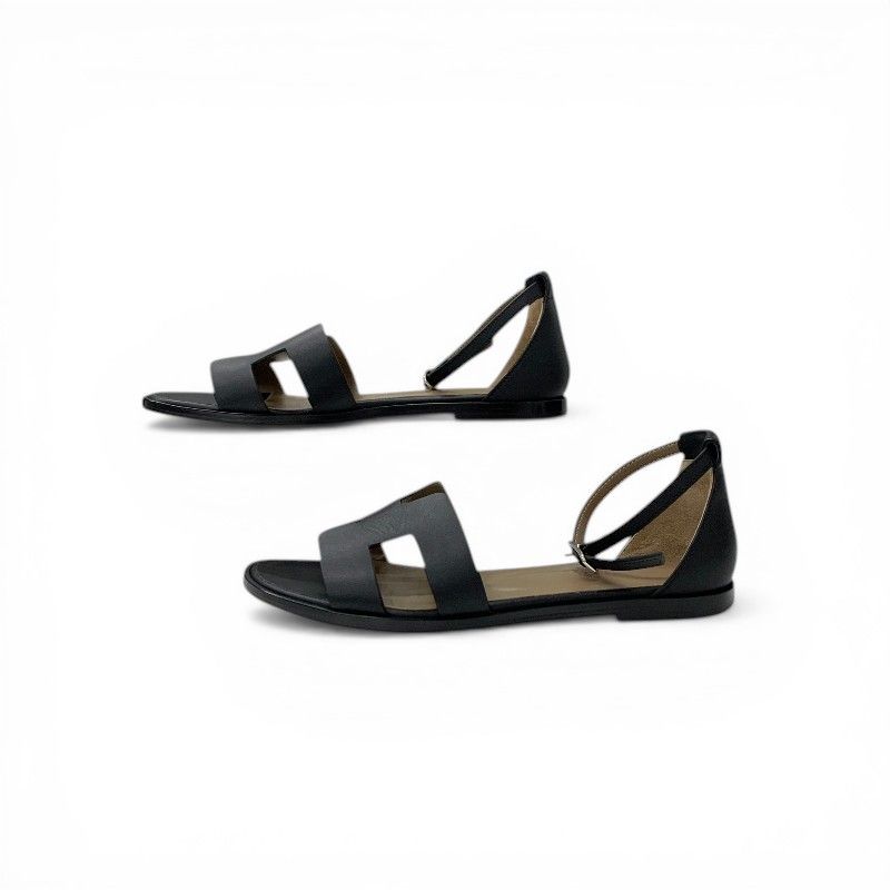 Hermes Santorini Sandals Shoes Leather Black Strap Flat — view 3