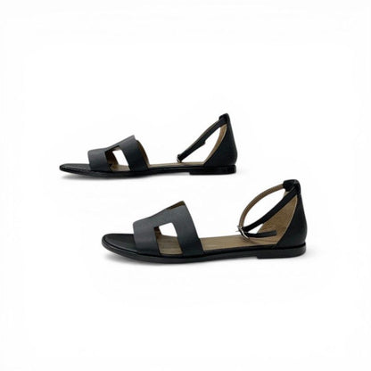 Hermes Santorini Sandals Shoes Leather Black Strap Flat — view 3