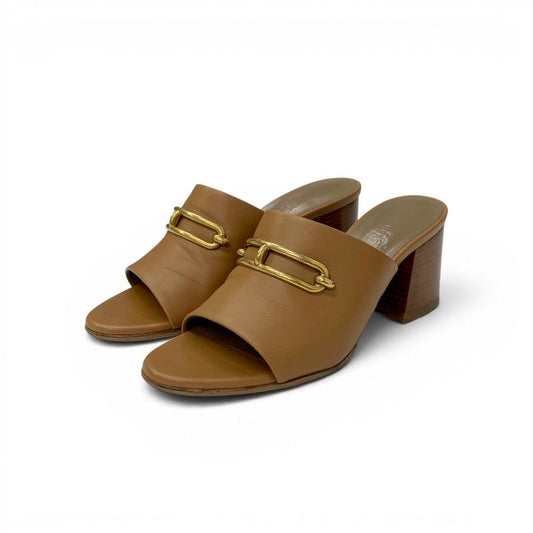 Hermes Camilla Sandals Shoes Leather Brown Gold Roulis Buckle Mules