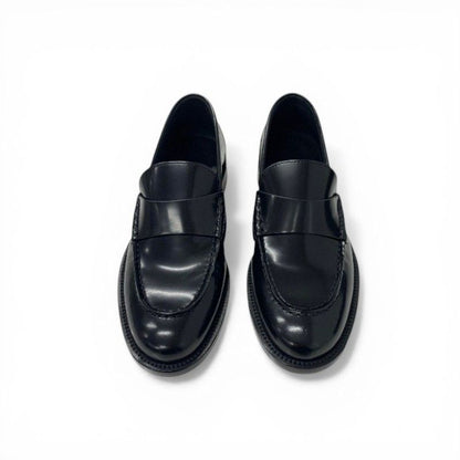 Chanel Loafers Leather Shoes Black Gold Logo Flat — view 2