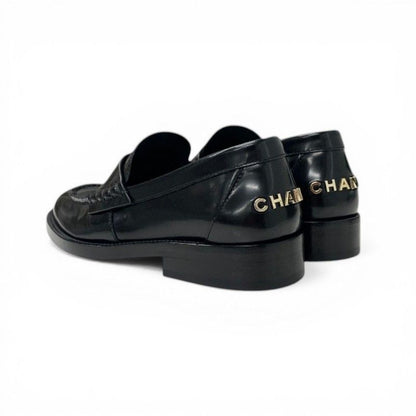 Chanel Loafers Leather Shoes Black Gold Logo Flat — view 4