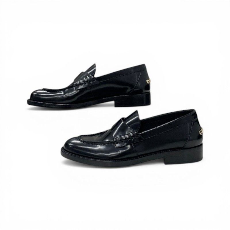 Chanel Loafers Leather Shoes Black Gold Logo Flat — view 3