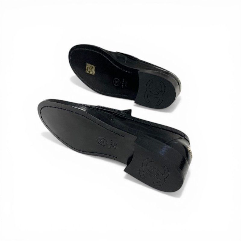 Chanel Loafers Leather Shoes Black Gold Logo Flat — view 6