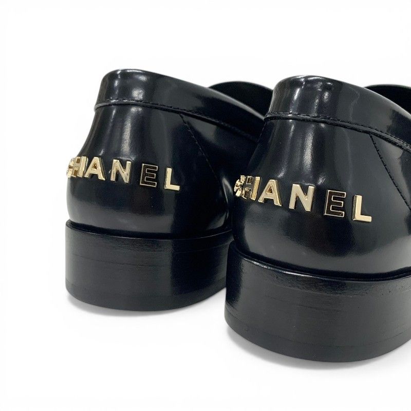 Chanel Loafers Leather Shoes Black Gold Logo Flat — view 9