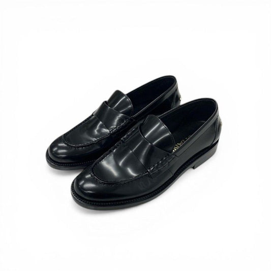 Chanel Loafers Leather Shoes Black Gold Logo Flat
