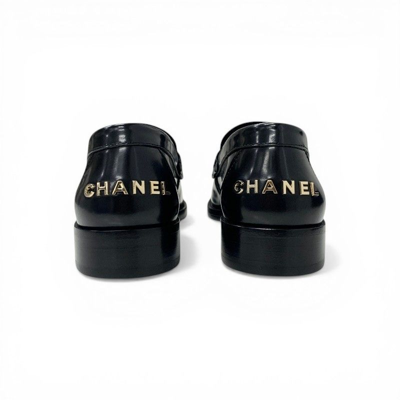 Chanel Loafers Leather Shoes Black Gold Logo Flat — view 5