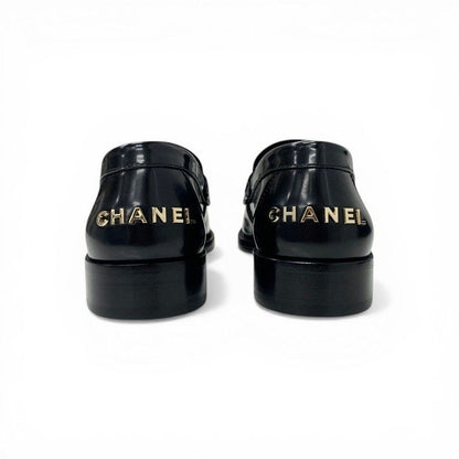 Chanel Loafers Leather Shoes Black Gold Logo Flat — view 5