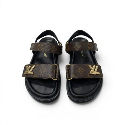 Louis Vuitton Sunset Line Monogram Sandals Shoes Leather Brown Black LV Logo — view 2
