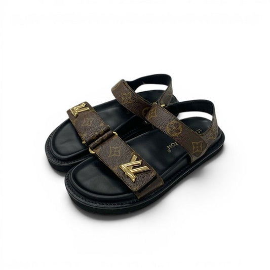 Louis Vuitton Sunset Line Monogram Sandals Shoes Leather Brown Black LV Logo