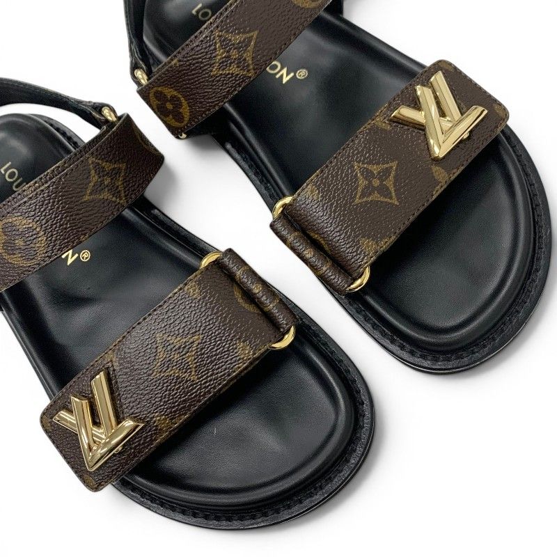 Louis Vuitton Sunset Line Monogram Sandals Shoes Leather Brown Black LV Logo — view 9
