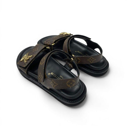 Louis Vuitton Sunset Line Monogram Sandals Shoes Leather Brown Black LV Logo — view 4
