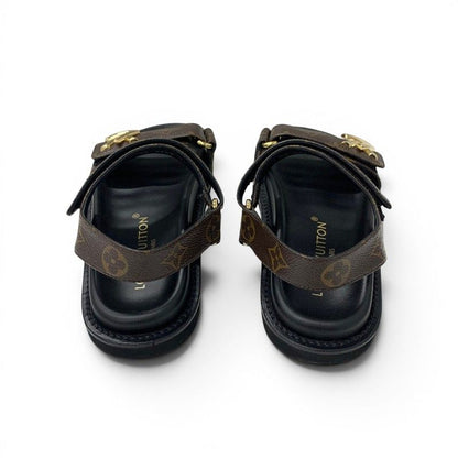 Louis Vuitton Sunset Line Monogram Sandals Shoes Leather Brown Black LV Logo — view 5