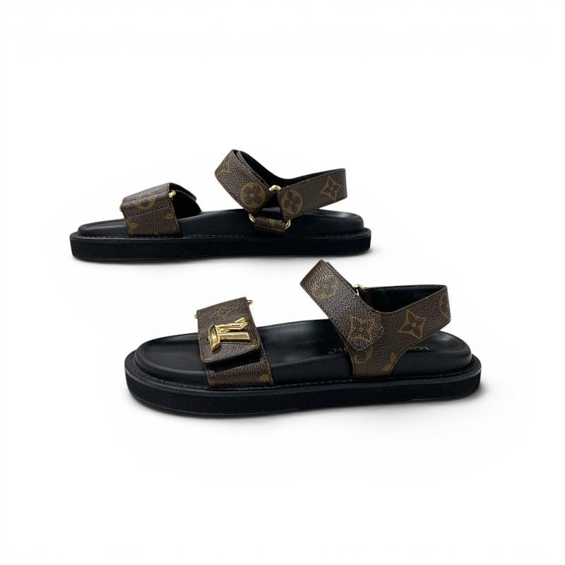 Louis Vuitton Sunset Line Monogram Sandals Shoes Leather Brown Black LV Logo — view 3