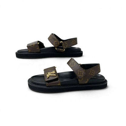 Louis Vuitton Sunset Line Monogram Sandals Shoes Leather Brown Black LV Logo — view 3