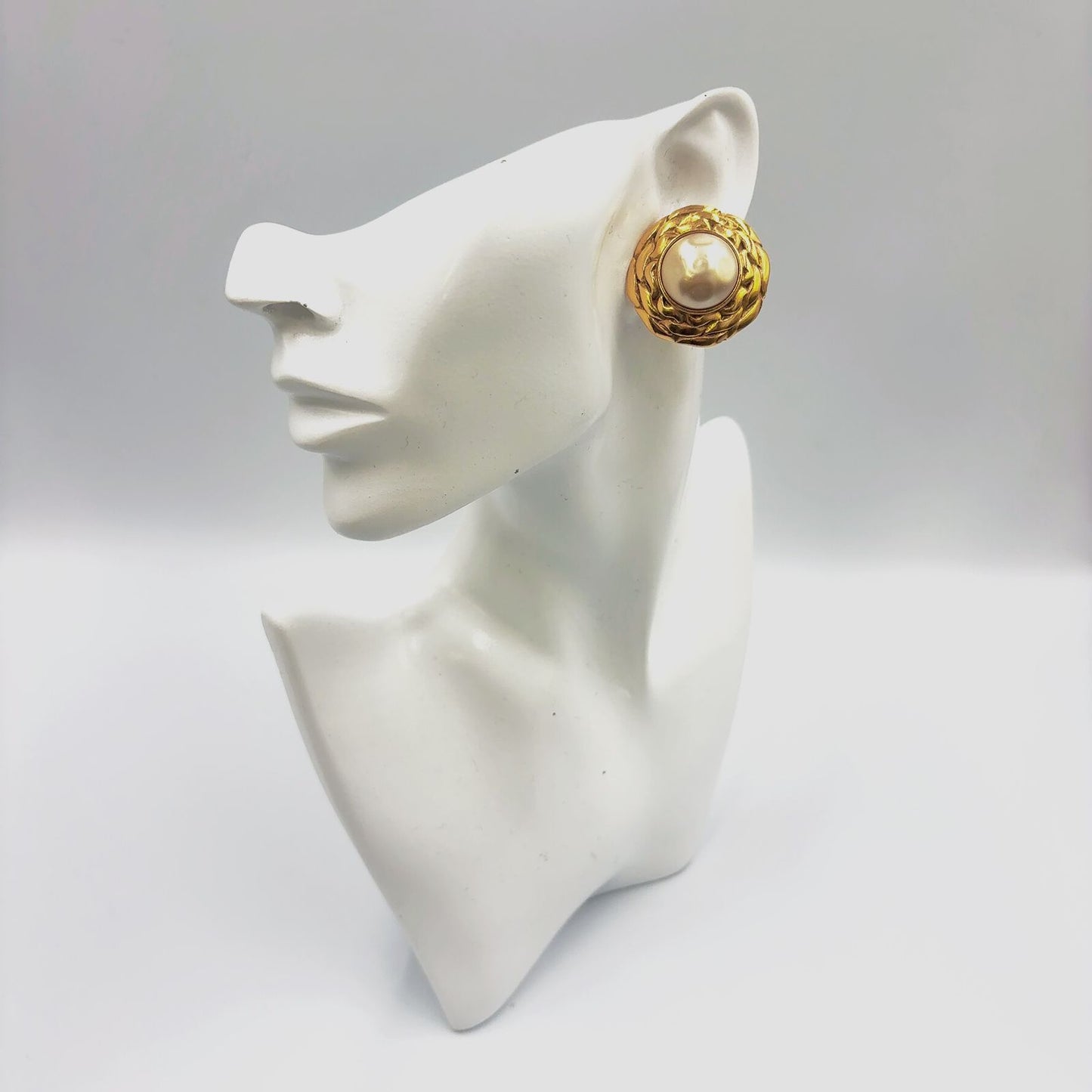 Chanel Vintage Faux Pearl Round Off White Gold Earrings — view 8