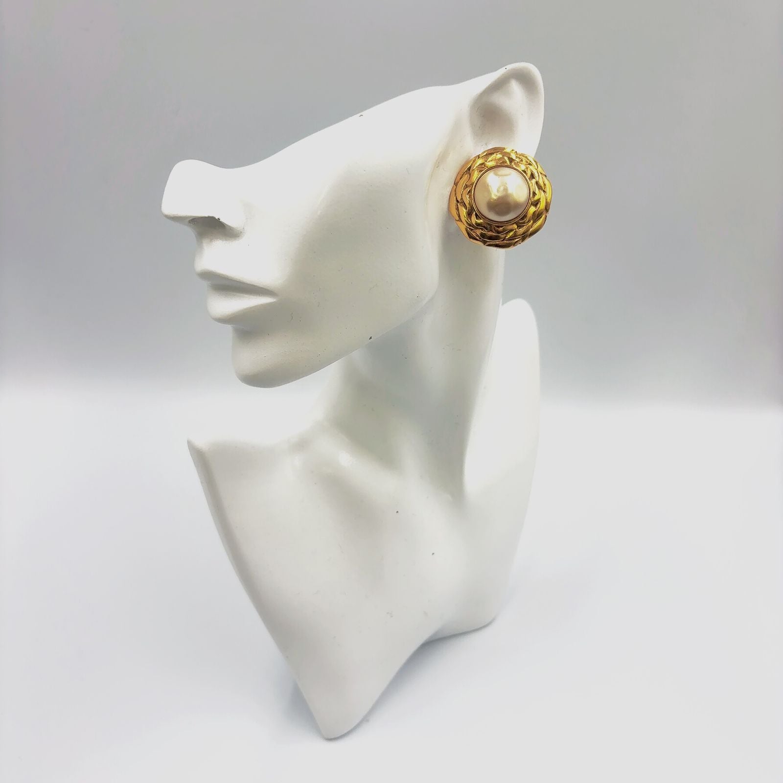 Chanel Vintage Faux Pearl Round Off White Gold Earrings — view 8
