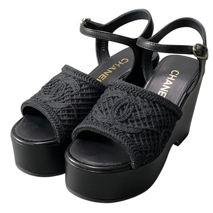 Chanel Wedge Sole Sandals Thick CC Logo Mesh 36c Black Leather