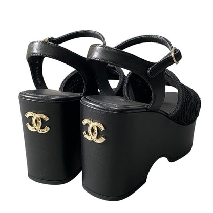 Chanel Wedge Sole Sandals Thick CC Logo Mesh 36c Black Leather — view 3