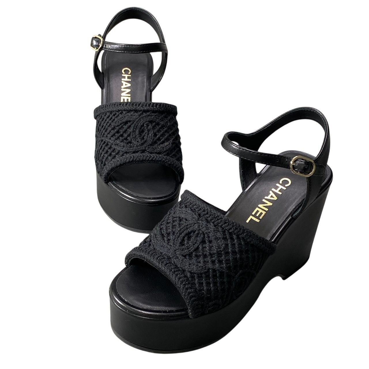 Chanel Wedge Sole Sandals Thick CC Logo Mesh 36c Black Leather — view 4