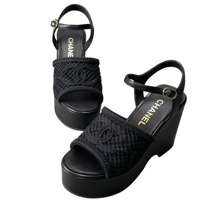 Chanel Wedge Sole Sandals Thick CC Logo Mesh 36c Black Leather — view 4