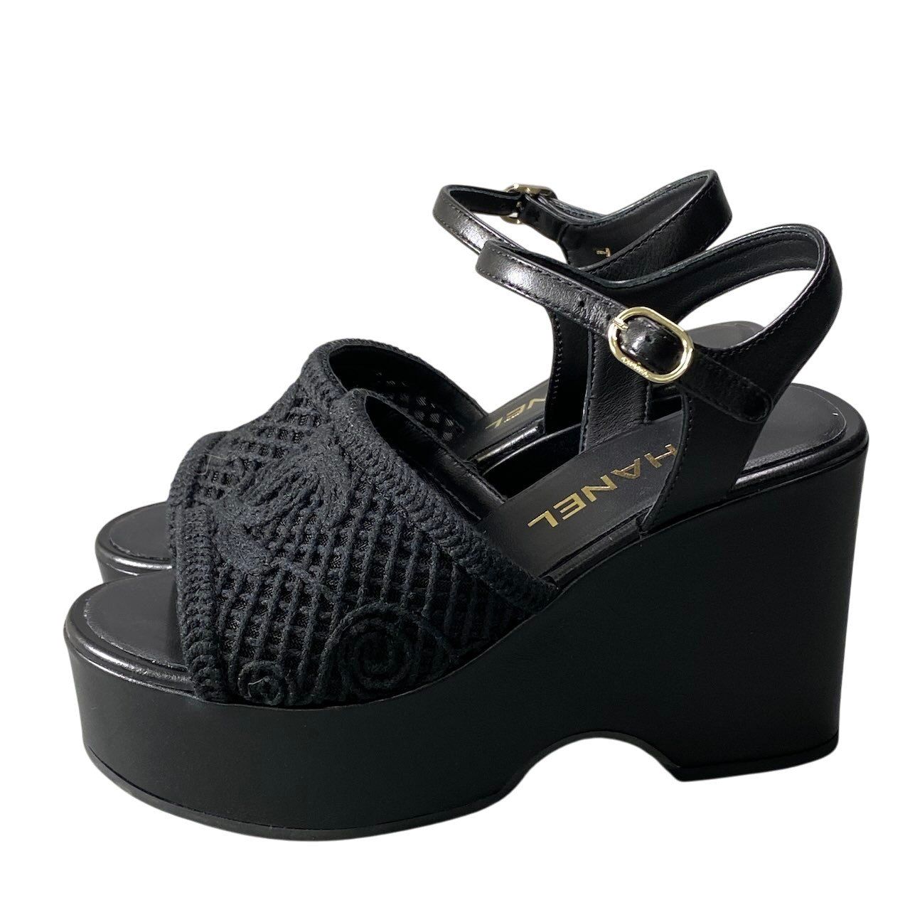 Chanel Wedge Sole Sandals Thick CC Logo Mesh 36c Black Leather — view 2
