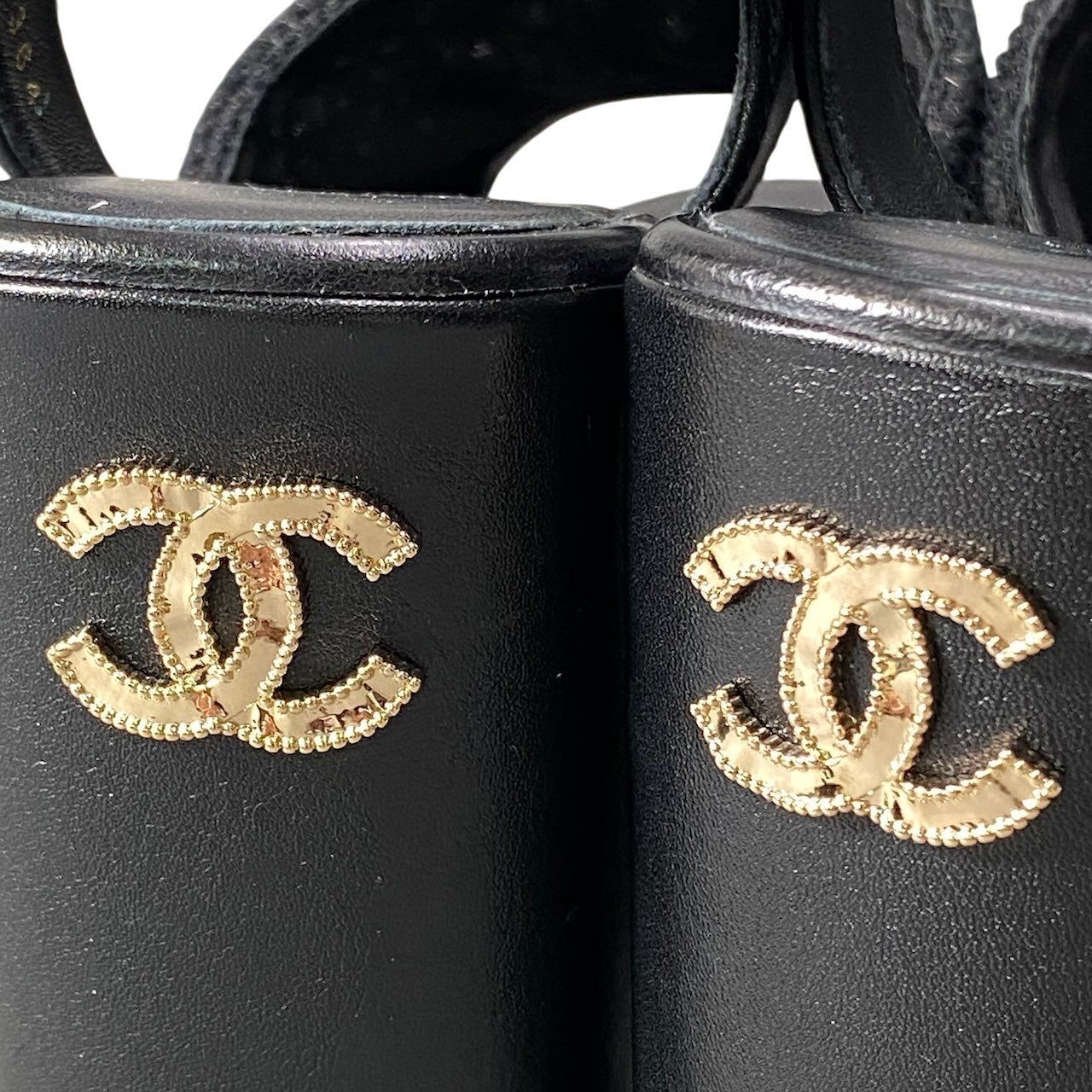 Chanel Wedge Sole Sandals Thick CC Logo Mesh 36c Black Leather — view 9
