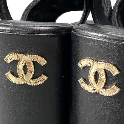 Chanel Wedge Sole Sandals Thick CC Logo Mesh 36c Black Leather — view 9