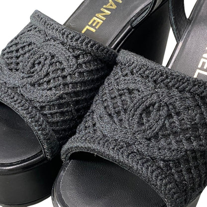 Chanel Wedge Sole Sandals Thick CC Logo Mesh 36c Black Leather — view 8