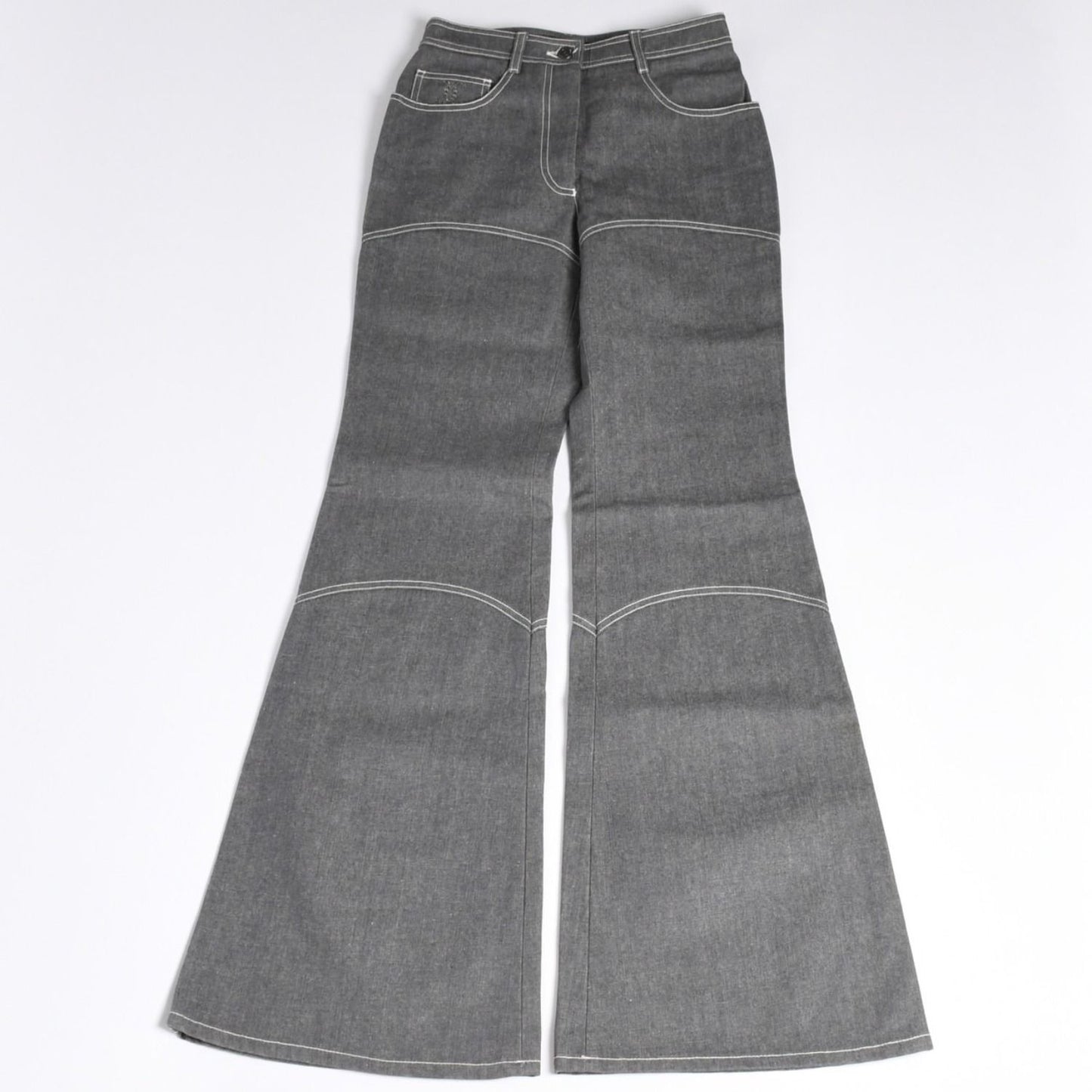 Chanel Flare Bell Denim Pants CC Logo Rhinestone Gray Bootcut White Stitch