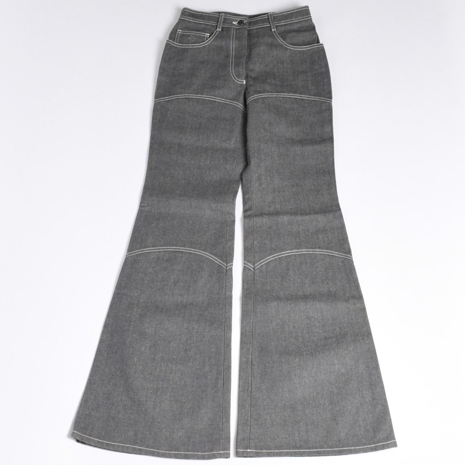 Chanel Flare Bell Denim Pants CC Logo Rhinestone Gray Bootcut White Stitch