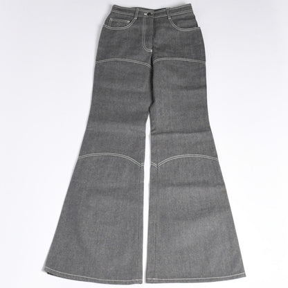 Chanel Flare Bell Denim Pants CC Logo Rhinestone Gray Bootcut White Stitch