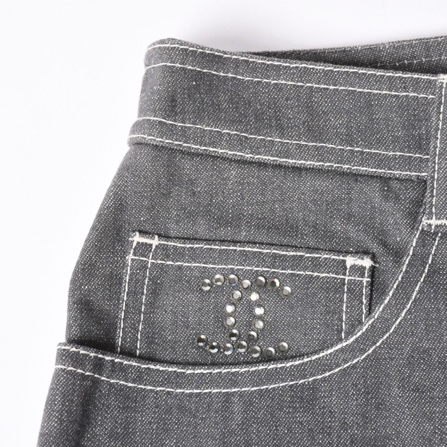 Chanel Flare Bell Denim Pants CC Logo Rhinestone Gray Bootcut White Stitch — view 4