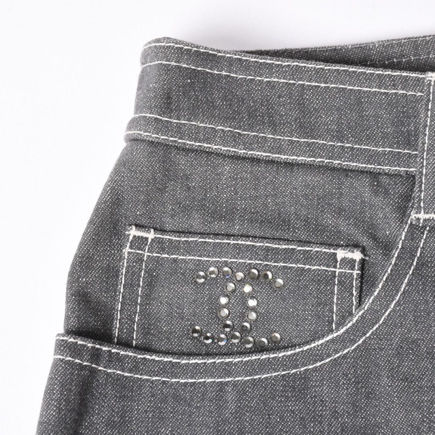 Chanel Flare Bell Denim Pants CC Logo Rhinestone Gray Bootcut White Stitch — view 4