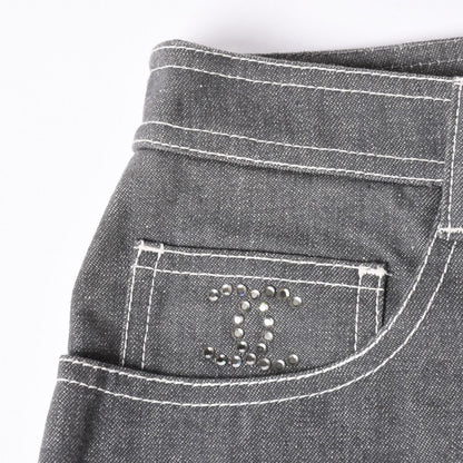 Chanel Flare Bell Denim Pants CC Logo Rhinestone Gray Bootcut White Stitch — view 4