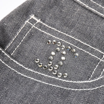 Chanel Flare Bell Denim Pants CC Logo Rhinestone Gray Bootcut White Stitch — view 5
