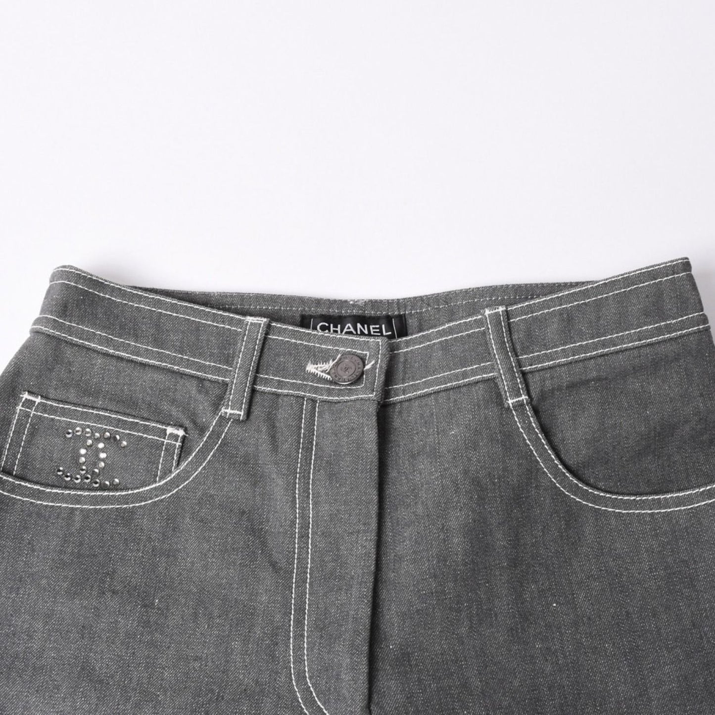 Chanel Flare Bell Denim Pants CC Logo Rhinestone Gray Bootcut White Stitch — view 3