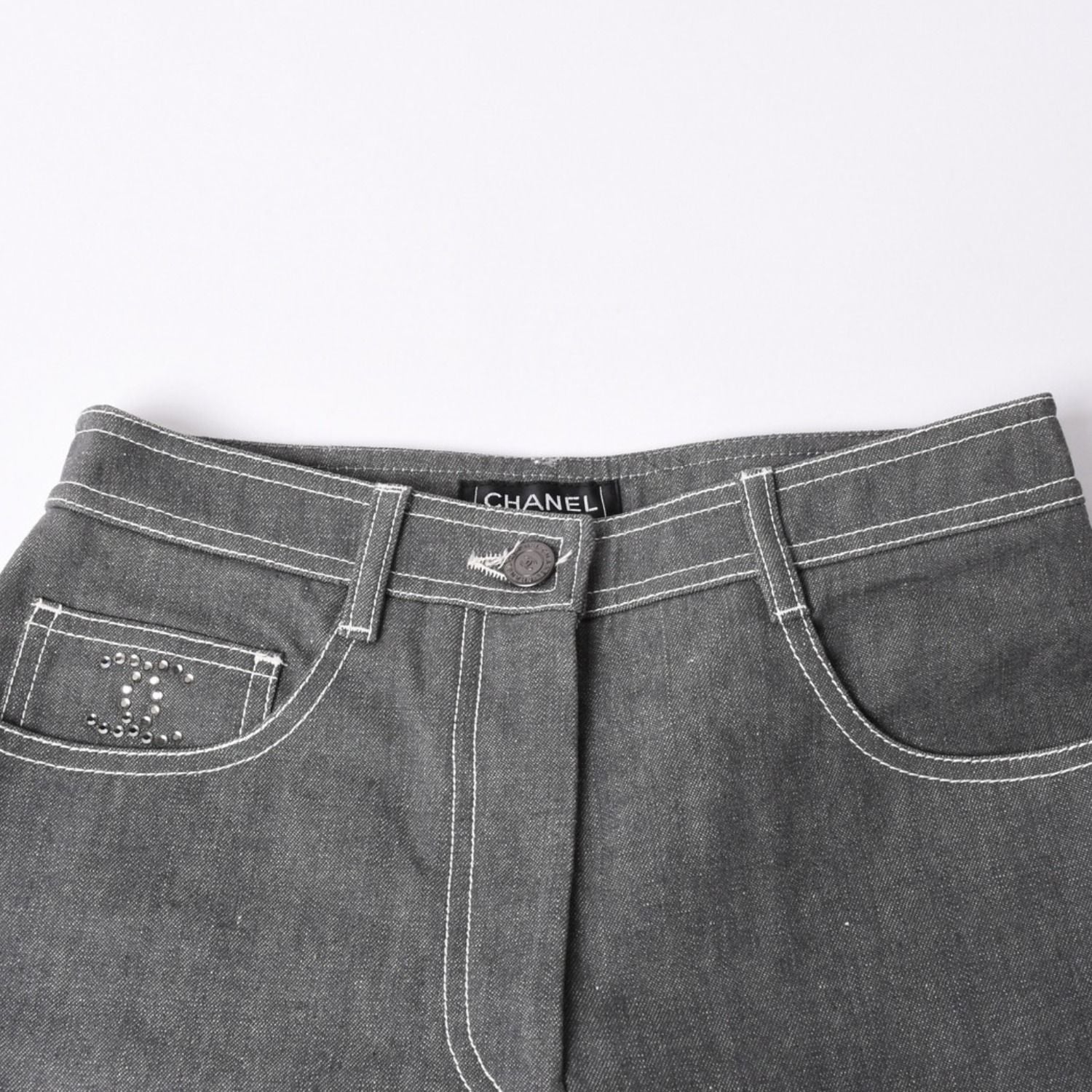 Chanel Flare Bell Denim Pants CC Logo Rhinestone Gray Bootcut White Stitch — view 3