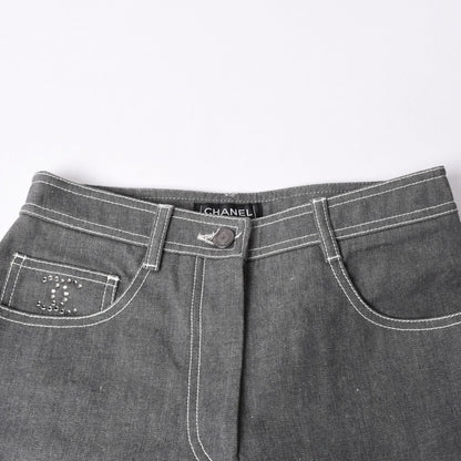 Chanel Flare Bell Denim Pants CC Logo Rhinestone Gray Bootcut White Stitch — view 3